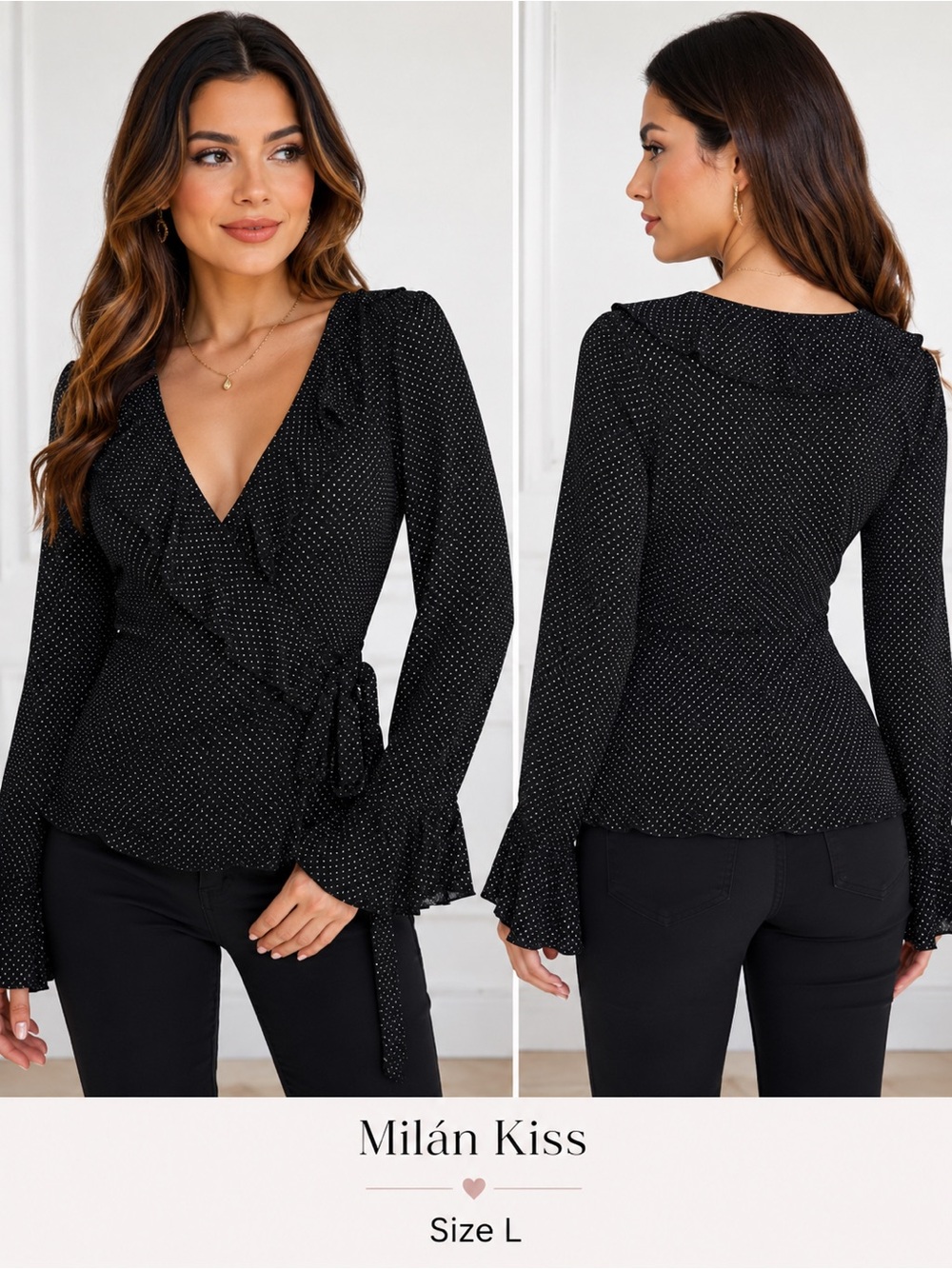 Milán Kiss Black Polka Dot Ruffle Wrap Blouse romantic feminine Paris chic/L